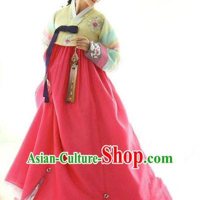 Top Grade Korean Traditional Palace Hanbok Yellow Blouse and Pink Dress Fashion Apparel Bride Costumes for Women