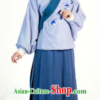 Ancient Chinese Ming Dynasty Historical Costume Female Embroider Blue Replica Costume for Women