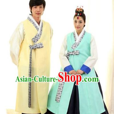 Asian Korean Traditional Palace Hanbok Clothing Ancient Korean Bride and Bridegroom Costumes Complete Set