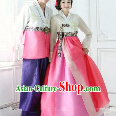 Asian Korean Traditional Palace Wedding Hanbok Clothing Ancient Korean Bride and Bridegroom Costumes Complete Set