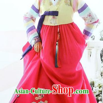 Top Grade Korean Bride Traditional Palace Hanbok Yellow Blouse and Red Dress Fashion Apparel Costumes for Women