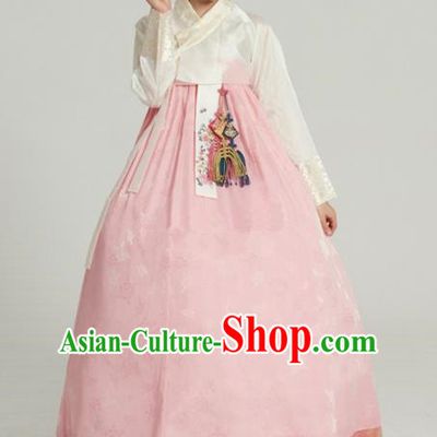 Top Grade Korean Bride Traditional Palace Hanbok White Blouse and Pink Dress Fashion Apparel Costumes for Women