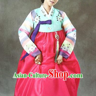 Top Grade Korean Bride Traditional Palace Hanbok Blue Blouse and Rosy Dress Fashion Apparel Costumes for Women