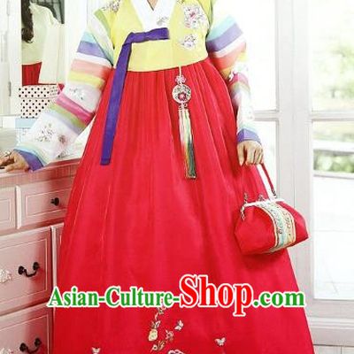Top Grade Korean Bride Traditional Palace Hanbok Yellow Blouse and Red Dress Fashion Apparel Costumes for Women
