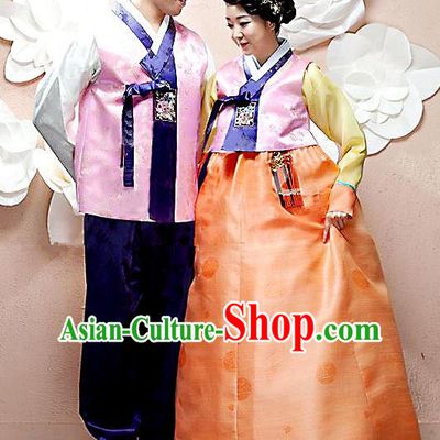 Asian Korean Palace Wedding Hanbok Clothing Ancient Traditional Bride and Bridegroom Costumes Complete Set