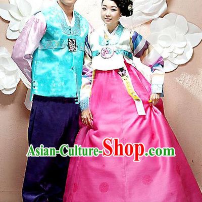 Asian Korean Palace Hanbok Ancient Traditional Bride and Bridegroom Costumes Complete Set