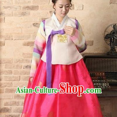Top Grade Korean Palace Hanbok Bride Traditional Beige Blouse and Pink Dress Fashion Apparel Costumes for Women