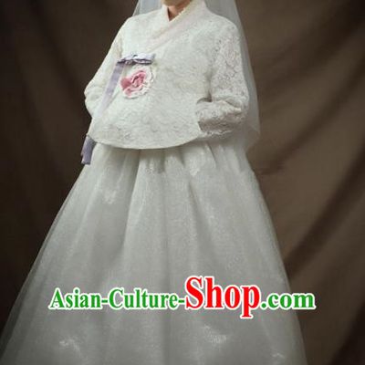 Top Grade Korean Palace Hanbok Bride Traditional White Lace Blouse and Dress Fashion Apparel Costumes for Women