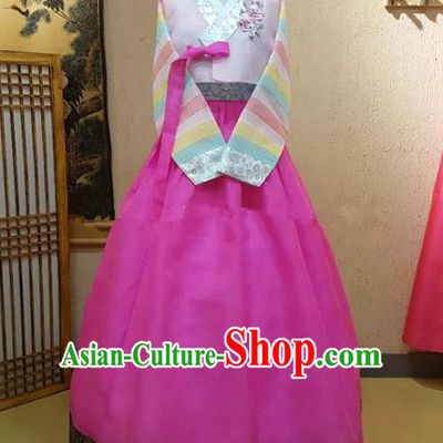 Top Grade Korean Palace Hanbok Bride Traditional Pink Blouse and Rosy Dress Fashion Apparel Costumes for Women