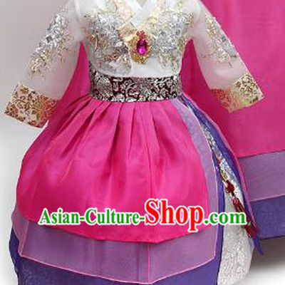 Top Grade Korean Palace Hanbok Traditional White Blouse and Rosy Dress Fashion Apparel Costumes for Kids