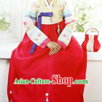 Top Grade Korean Palace Hanbok Traditional Yellow Blouse and Red Dress Fashion Apparel Costumes for Women