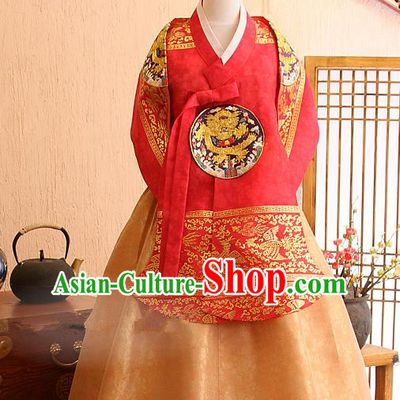 Top Grade Korean Palace Hanbok Traditional Red Blouse and Golden Dress Fashion Apparel Costumes for Women