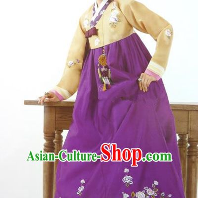 Top Grade Korean Palace Hanbok Traditional Yellow Blouse and Purple Dress Fashion Apparel Costumes for Women