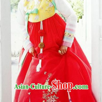 Top Grade Korean Palace Hanbok Traditional Yellow Blouse and Red Dress Fashion Apparel Costumes for Women