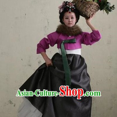Top Grade Korean Palace Hanbok Traditional Purple Blouse and Black Dress Fashion Apparel Costumes for Women