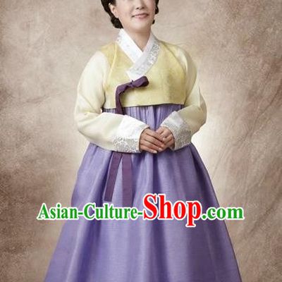Top Grade Korean Hanbok Traditional Yellow Blouse and Lilac Dress Fashion Apparel Costumes for Women