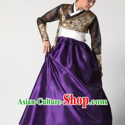 Top Grade Korean Hanbok Traditional Golden Blouse and Purple Dress Fashion Apparel Costumes for Women