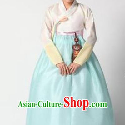 Top Grade Korean Hanbok Traditional White Blouse and Blue Dress Fashion Apparel Costumes for Women
