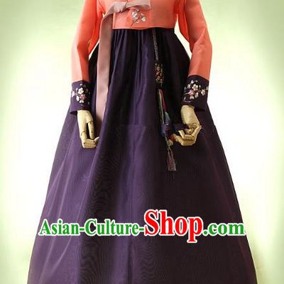 Top Grade Korean Hanbok Traditional Red Blouse and Purple Dress Fashion Apparel Costumes for Women