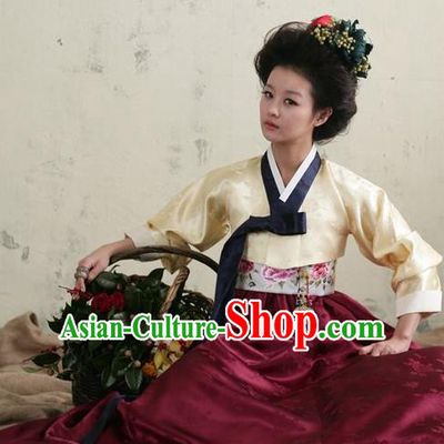Top Grade Korean Hanbok Traditional Beige Blouse and Wine Red Dress Fashion Apparel Costumes for Women