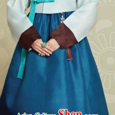 Top Grade Korean Hanbok Traditional Green Blouse and Blue Dress Fashion Apparel Costumes for Women