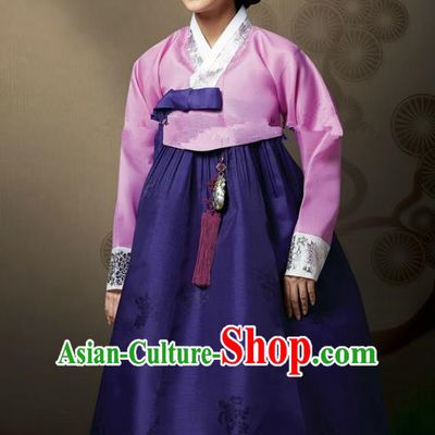 Top Grade Korean Hanbok Traditional Pink Blouse and Purple Dress Fashion Apparel Costumes for Women