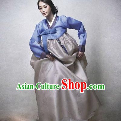 Top Grade Korean Hanbok Traditional Blue Blouse and Grey Dress Fashion Apparel Costumes for Women