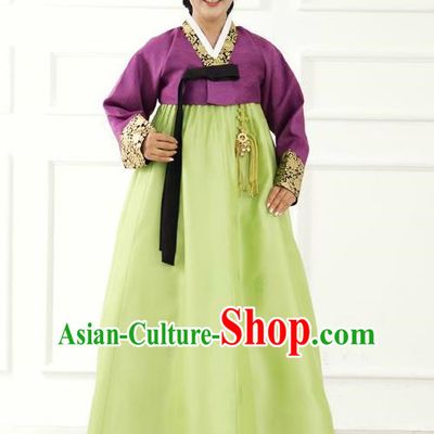 Top Grade Korean Hanbok Traditional Hostess Purple Blouse and Green Dress Fashion Apparel Costumes for Women