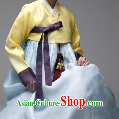 Top Grade Korean Hanbok Traditional Bride Yellow Blouse and Blue Dress Fashion Apparel Costumes for Women