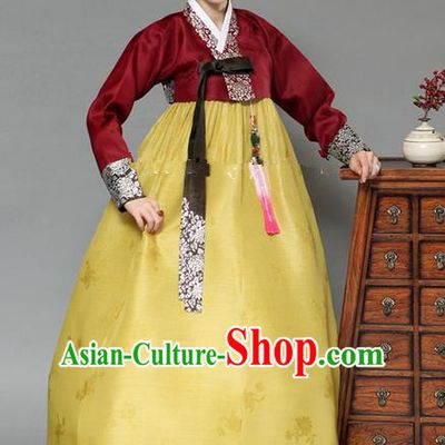Top Grade Korean Hanbok Traditional Bride Wine Red Blouse and Yellow Dress Fashion Apparel Costumes for Women