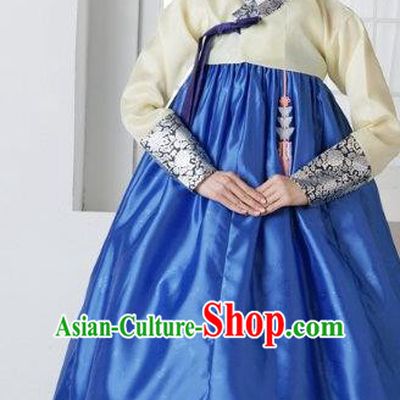 Top Grade Korean Traditional Hanbok Yellow Blouse and Blue Dress Fashion Apparel Costumes for Women