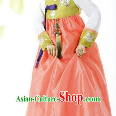 Top Grade Korean Traditional Hanbok Green Blouse and Orange Dress Fashion Apparel Costumes for Women