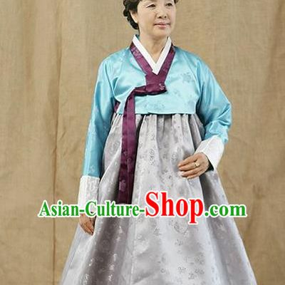 Top Grade Korean Traditional Hanbok Blue Blouse and Grey Dress Fashion Apparel Costumes for Women