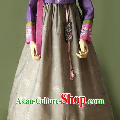 Top Grade Korean Traditional Hanbok Purple Blouse and Grey Dress Fashion Apparel Costumes for Women