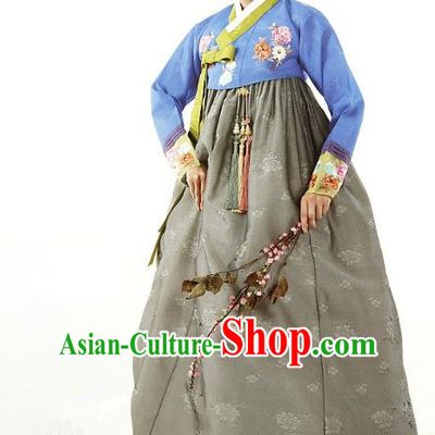 Top Grade Korean Traditional Hanbok Blue Blouse and Grey Dress Fashion Apparel Costumes for Women