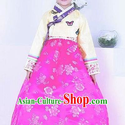 Top Grade Korean Traditional Hanbok Girls Yellow Blouse and Rosy Dress Fashion Apparel Costumes for Kids