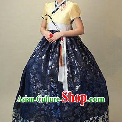 Top Grade Korean Traditional Hanbok Embroidered Yellow Blouse and Navy Dress Fashion Apparel Costumes for Women