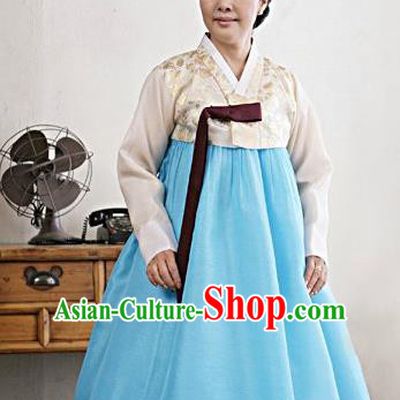 Top Grade Korean Traditional Hanbok Embroidered White Blouse and Blue Dress Fashion Apparel Costumes for Women