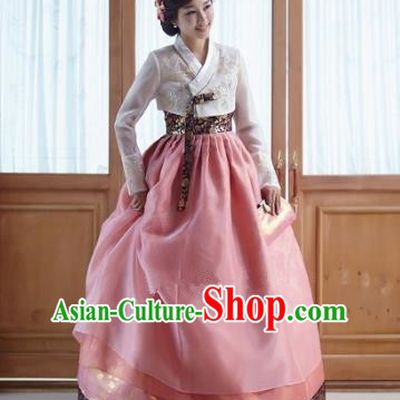 Top Grade Korean Traditional Hanbok Embroidered White Blouse and Pink Dress Fashion Apparel Costumes for Women