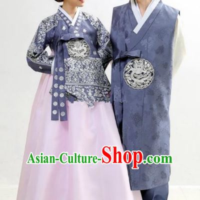 Asian Korean Traditional Wedding Embroidered Hanbok Ancient Korean Bride and Bridegroom Costumes Complete Set