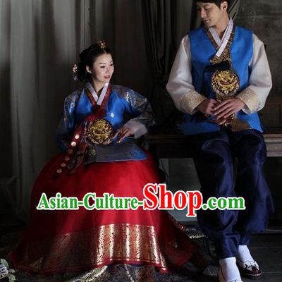 Asian Korean Palace Traditional Wedding Embroidered Hanbok Ancient Korean Bride and Bridegroom Costumes Complete Set