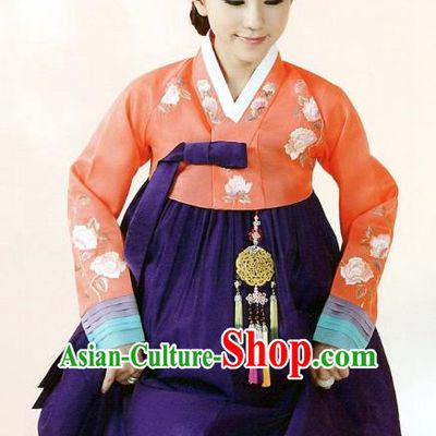 Top Grade Korean Traditional Hanbok Orange Blouse and Purple Dress Fashion Apparel Costumes for Women