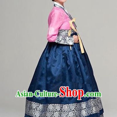 Top Grade Korean Traditional Hanbok Bride Pink Blouse and Navy Dress Fashion Apparel Costumes for Women