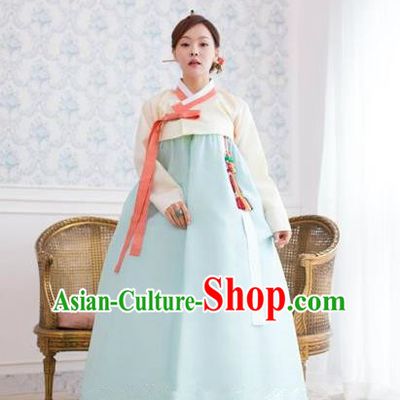 Top Grade Korean Hanbok Traditional White Blouse and Blue Dress Fashion Apparel Costumes for Women