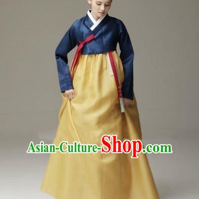 Top Grade Korean Hanbok Traditional Navy Blouse and Yellow Dress Fashion Apparel Costumes for Women