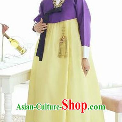 Top Grade Korean Hanbok Traditional Hostess Purple Blouse and Yellow Dress Fashion Apparel Costumes for Women