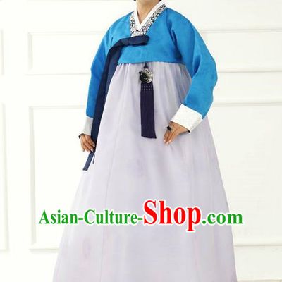Top Grade Korean Hanbok Traditional Hostess Blue Blouse and White Dress Fashion Apparel Costumes for Women