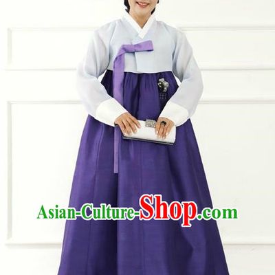 Top Grade Korean Hanbok Traditional Hostess Grey Blouse and Purple Dress Fashion Apparel Costumes for Women