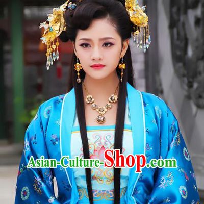 Chinese Ancient Ming Dynasty Imperial Consort Embroidered Dress Costume and Headpiece Complete Set for Women