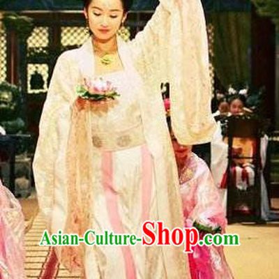 Chinese Ancient Ming Dynasty Palace Imperial Concubine Embroidered Dance Dress Costume and Headpiece Complete Set for Women